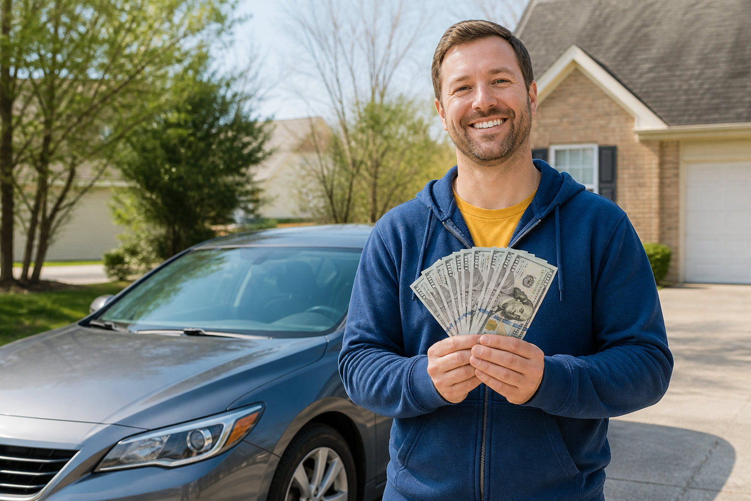 Happy vehicle seller holding cash in front of his car
